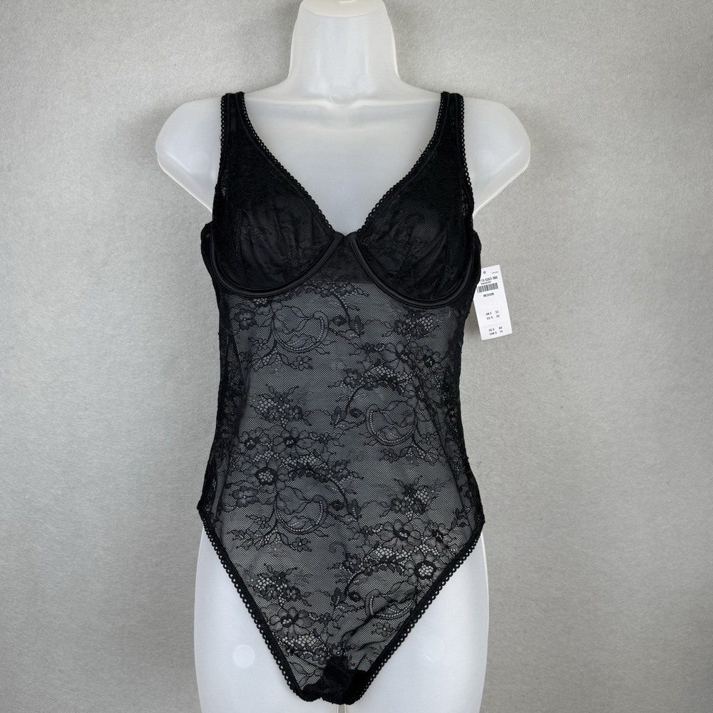 NWT Abercrombie And Fitch Black Lace Sheer Bodysuit Sz M Dark Romantic Witchy